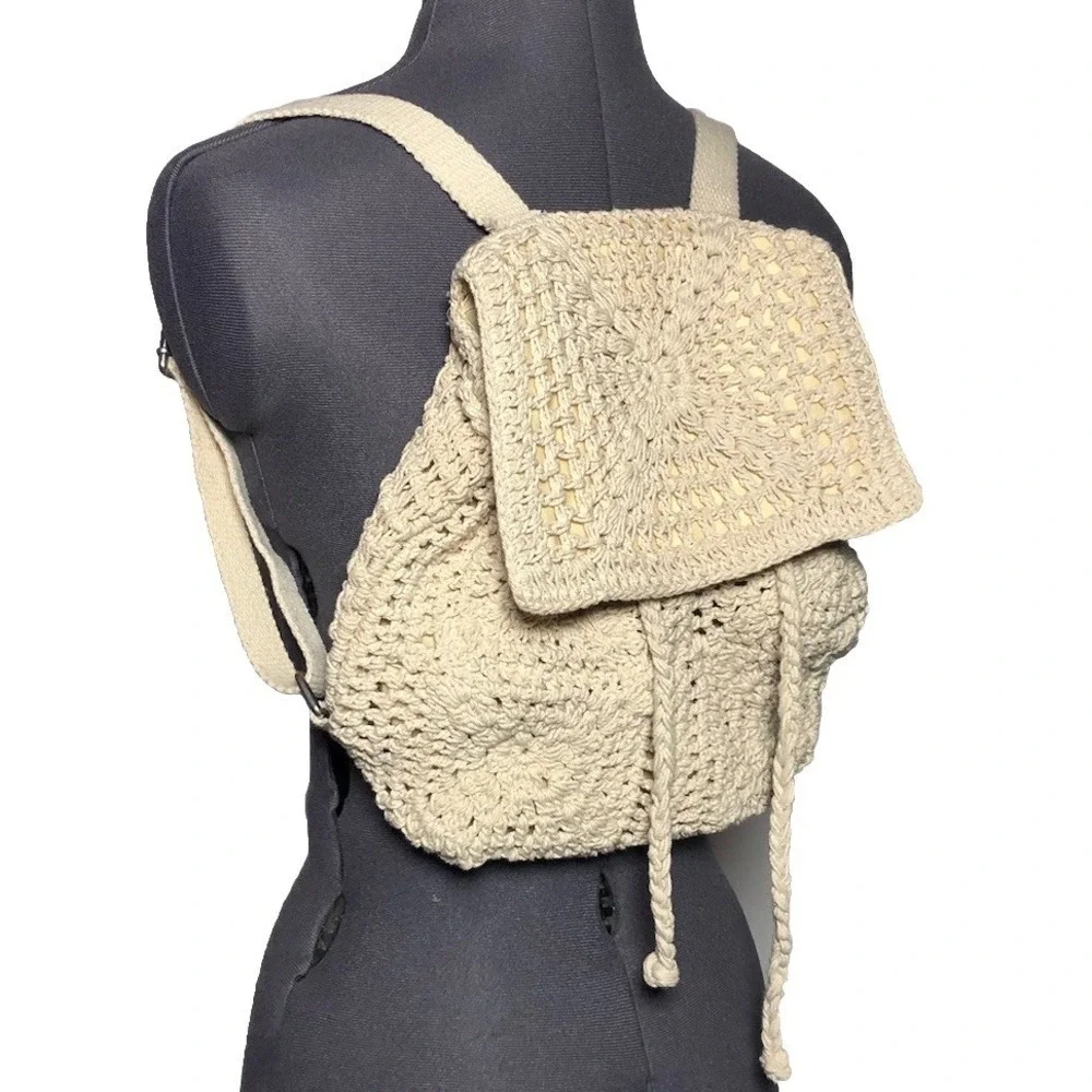 Crochet Backpack Cottagecore Boho‎ Festival Drawstring Cotton Cream STAINED